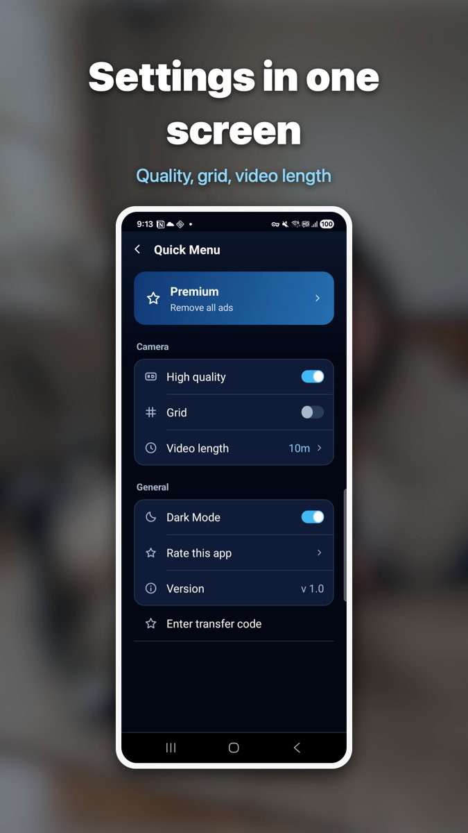 Hush Cam settings screen with high-quality capture, grid lines, video length and dark mode on one page