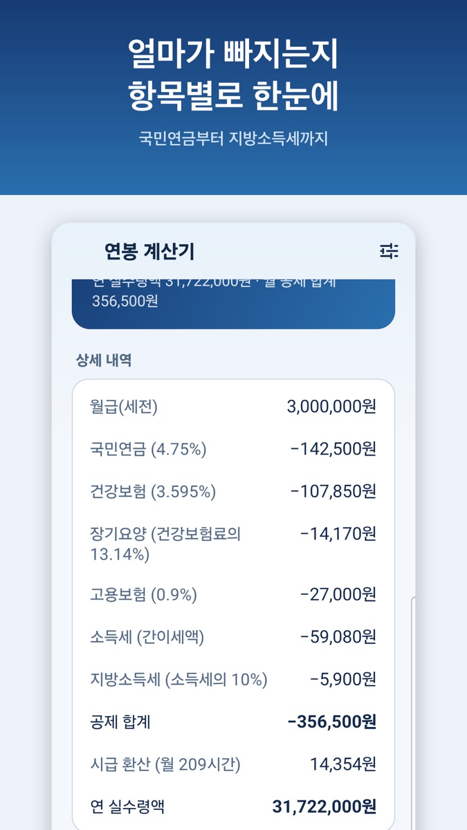 국민연금·건강보험·장기요양·고용보험·소득세·지방소득세를 한 줄씩 나눠 보여 주는 상세 내역 화면